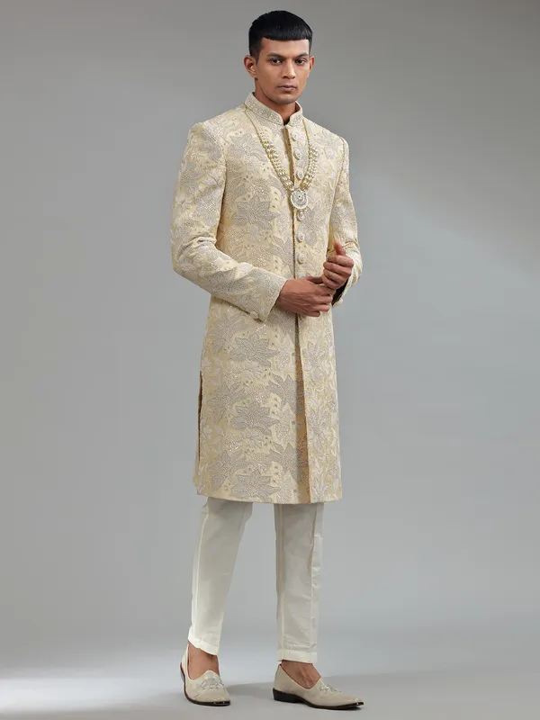 Classic cream raw silk sherwani