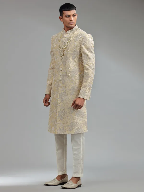 Classic cream raw silk sherwani