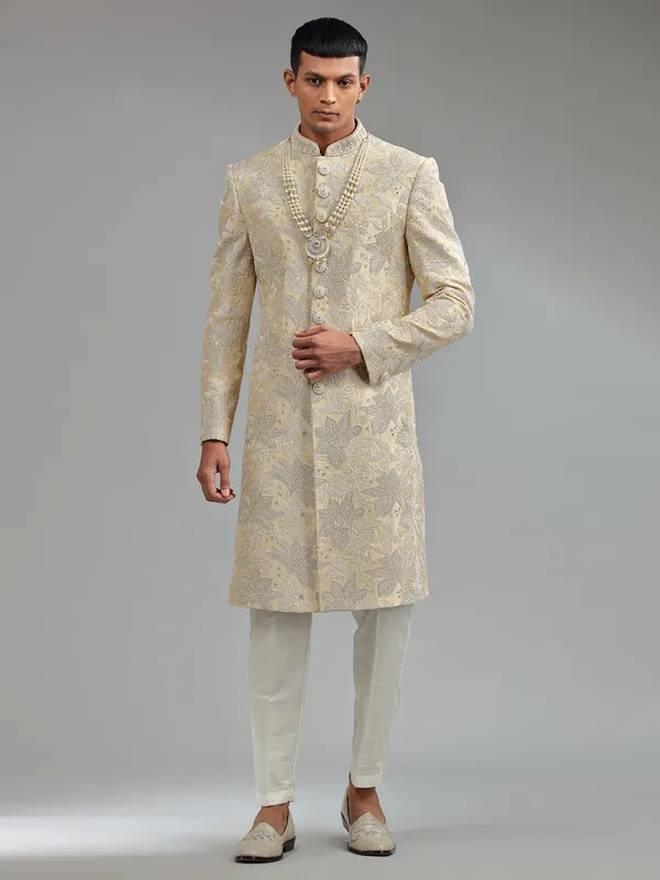 Classic cream raw silk sherwani