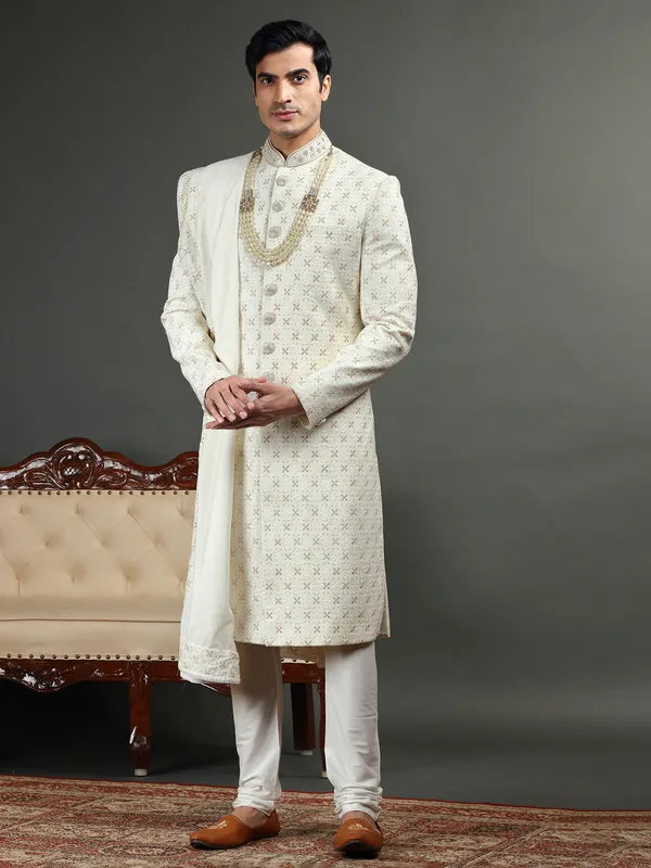 Classic cream sherwani in silk