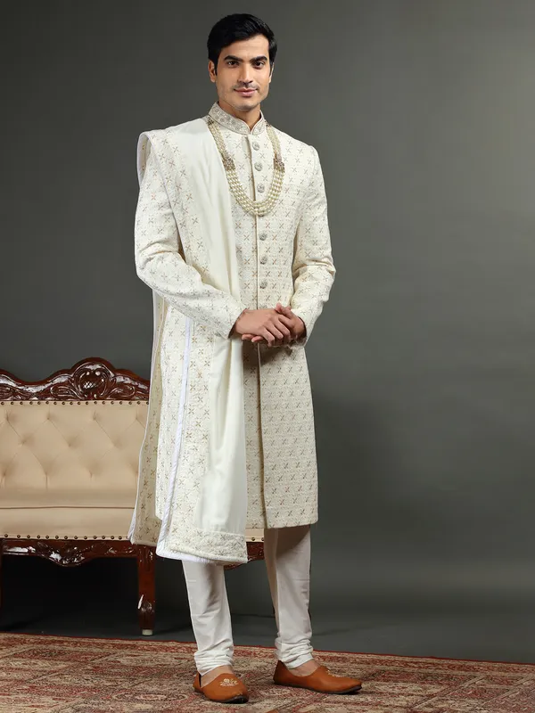 Classic cream sherwani in silk