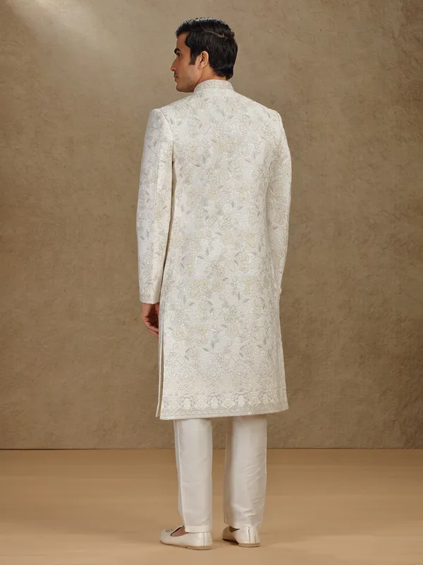 Classic cream silk sherwani with fine thread work