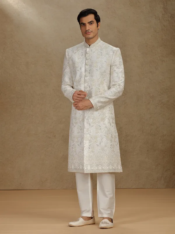 Classic cream silk sherwani with fine thread work