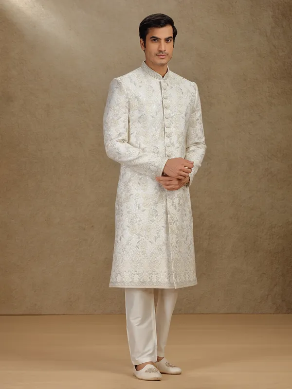 Classic cream silk sherwani with fine thread work