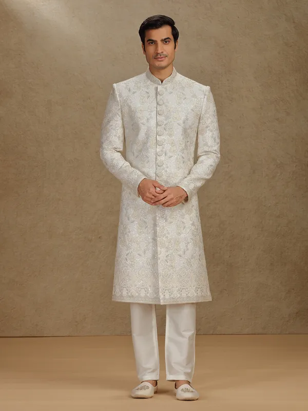 Classic cream silk sherwani with fine thread work