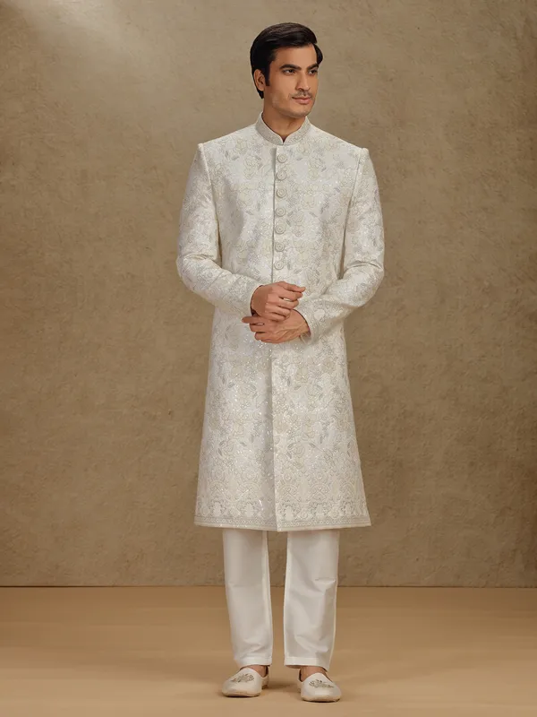 Classic cream silk sherwani with fine thread work