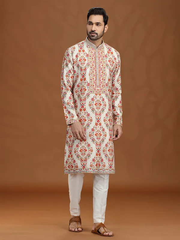 Classic cream viscose kurta suit with resham