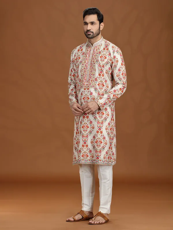 Classic cream viscose kurta suit with resham