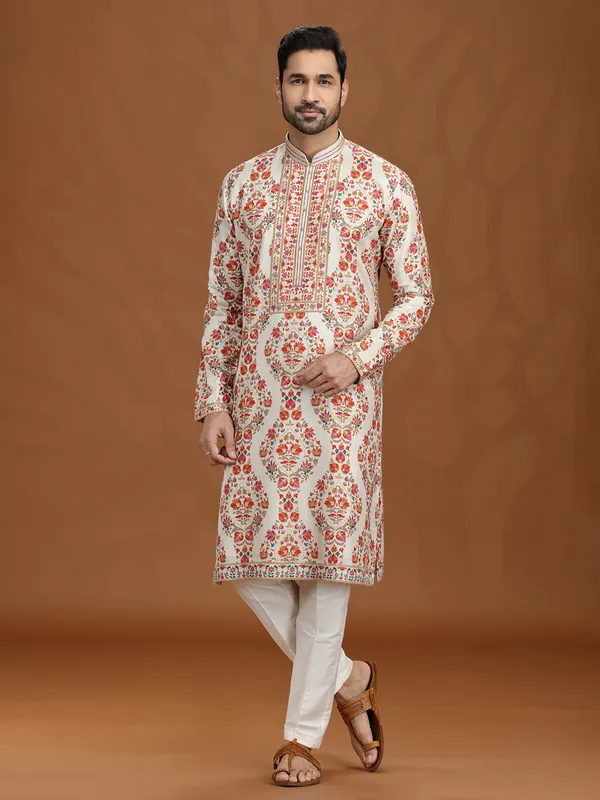 Classic cream viscose kurta suit with resham