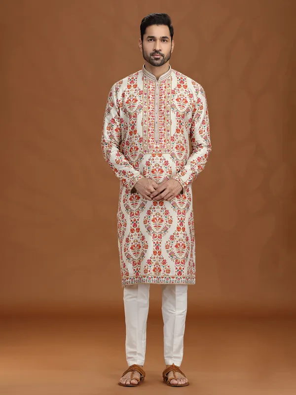 Classic cream viscose kurta suit with resham