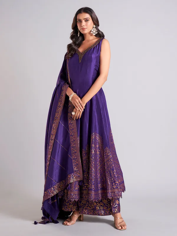 Classic dark purple raw silk palazzo salwar suit