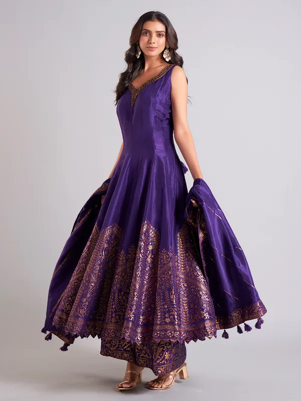 Classic dark purple raw silk palazzo salwar suit