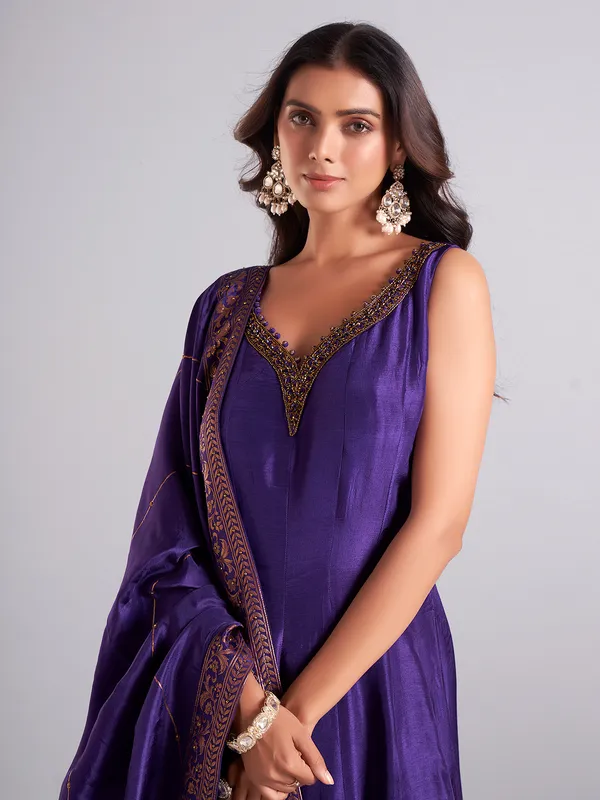 Classic dark purple raw silk palazzo salwar suit