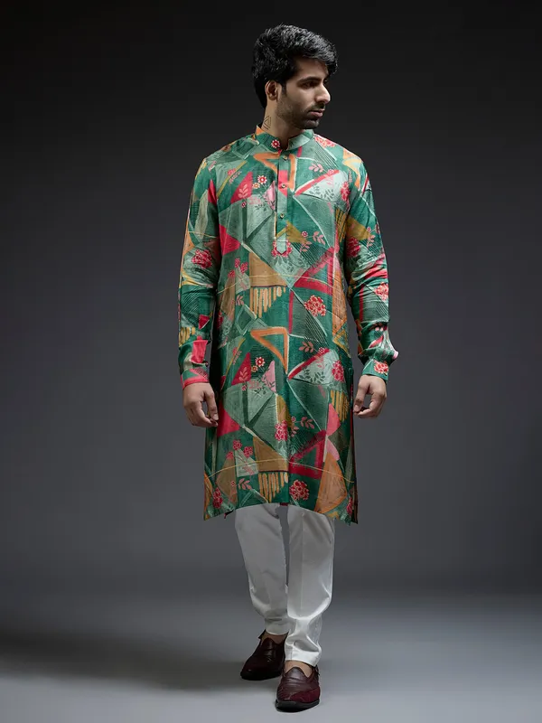 Classic green geometrical printed kurta suit in silk