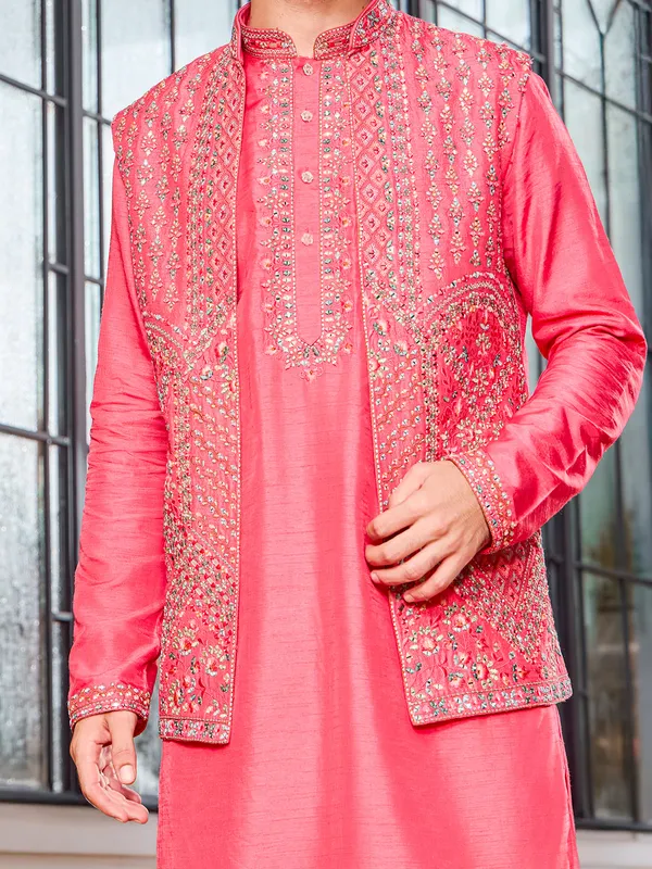 Classic magenta soft art silk thread waistcoat set