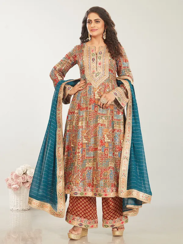 Classic maroon printed silk sharara suit