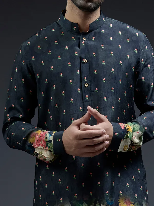 Classic navy flower floral print silk kurta suit