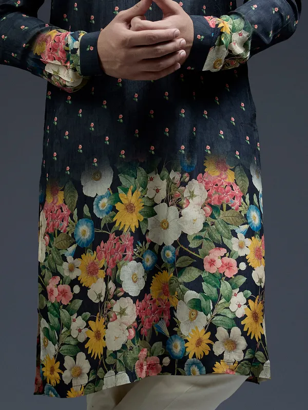 Classic navy flower floral print silk kurta suit