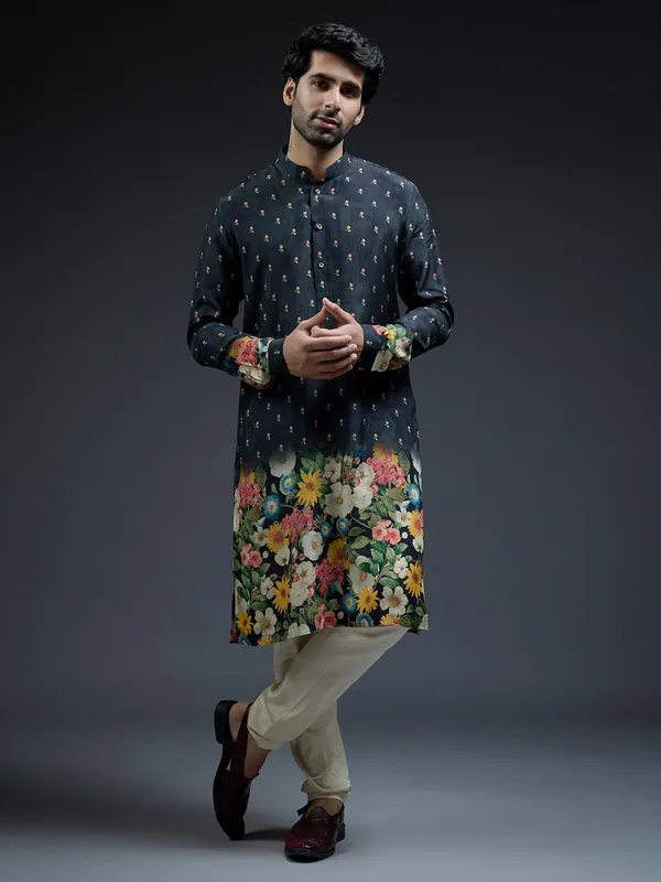 Classic navy flower floral print silk kurta suit