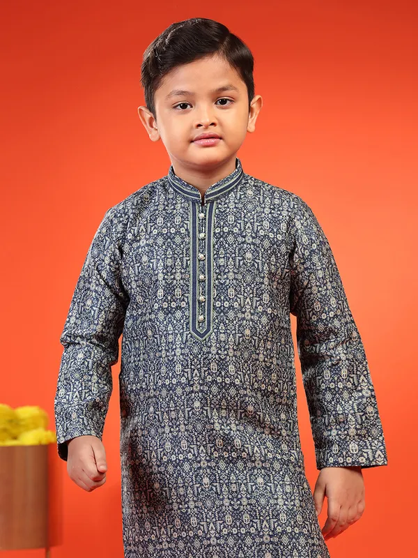 Classic navy printed kurta suit