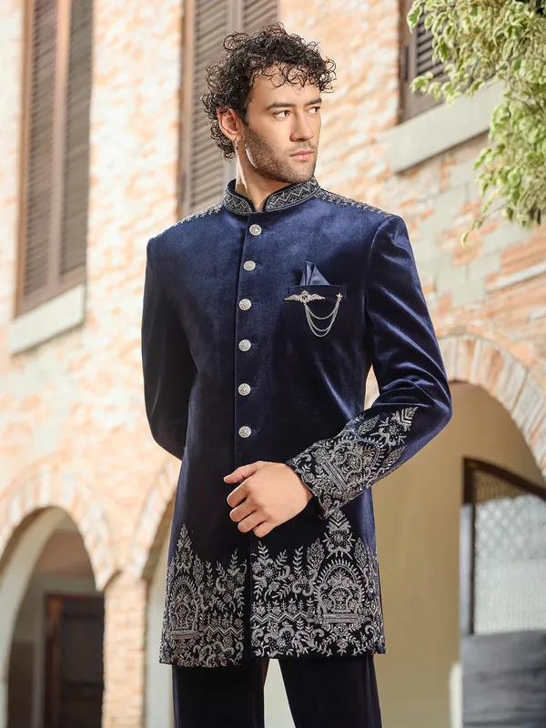 Classic navy velvet cutdana indo western suit