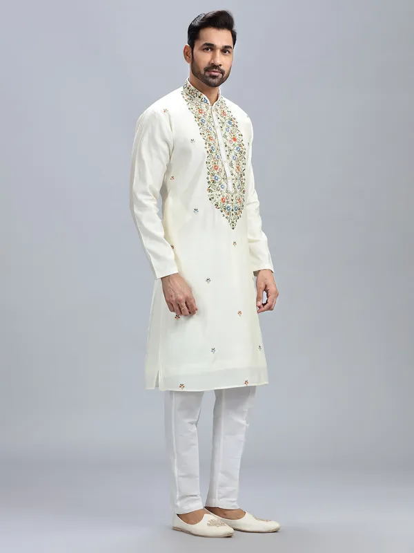 Classic off white cotton silk kurta set for men