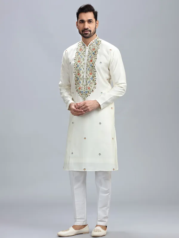 Classic off white cotton silk kurta set for men