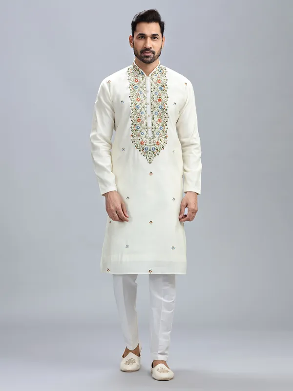 Classic off white cotton silk kurta set for men