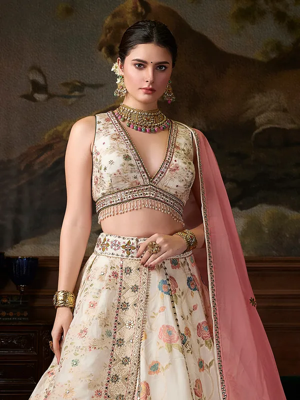 Classic off white printed silk lehenga choli