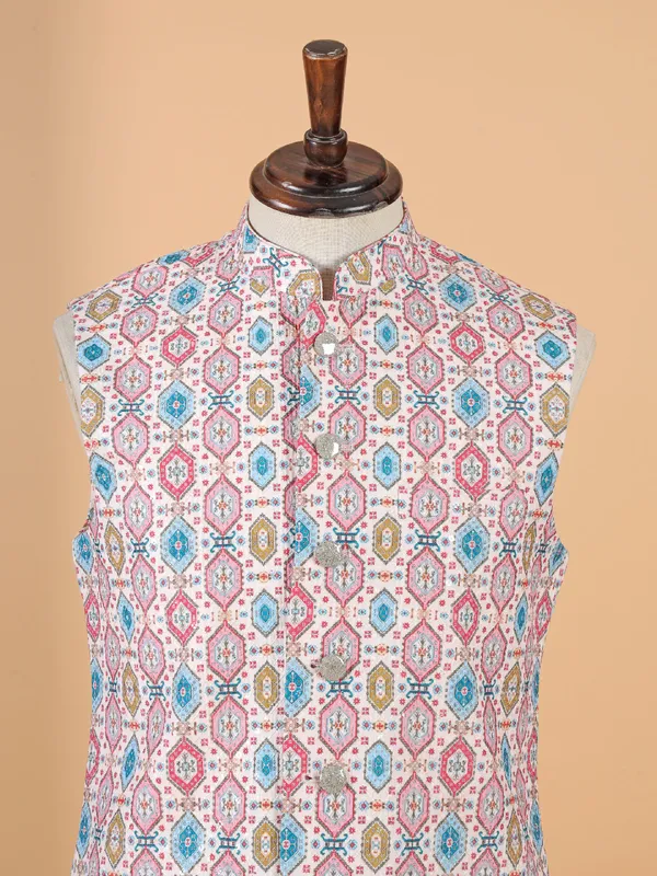 Classic off-white printed waistcoat for men