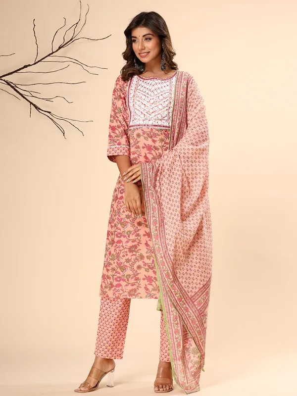 Classic peach cotton printed kurti set