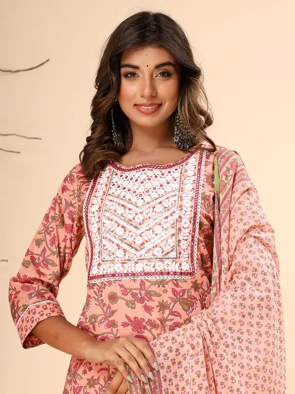 Classic peach cotton printed kurti set