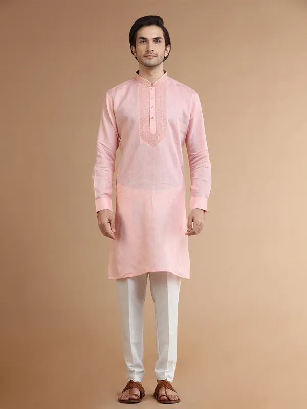 Classic peach linen kurta suit