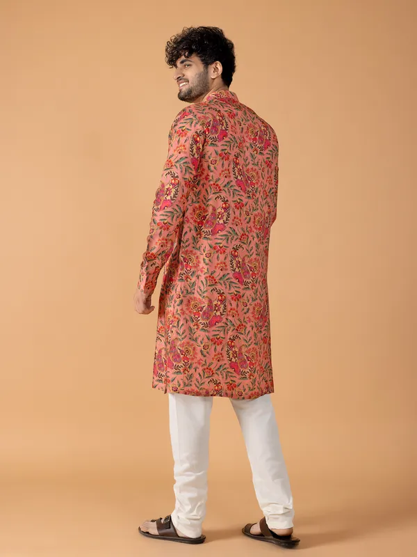 Classic peach printed  Men Kurta pajama in cotton