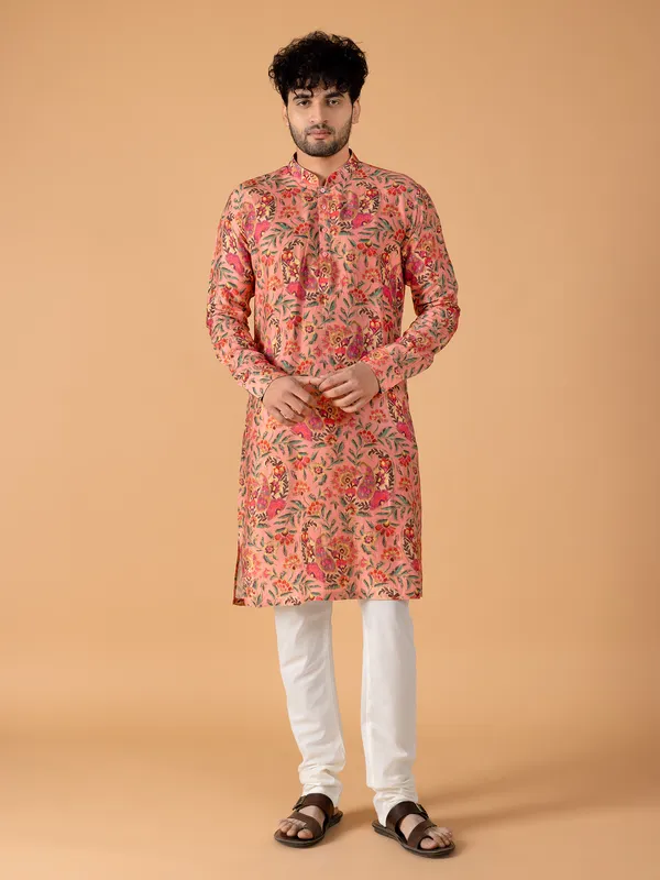 Classic peach printed  Men Kurta pajama in cotton