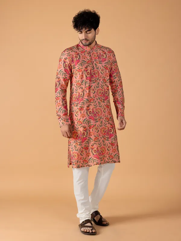 Classic peach printed  Men Kurta pajama in cotton