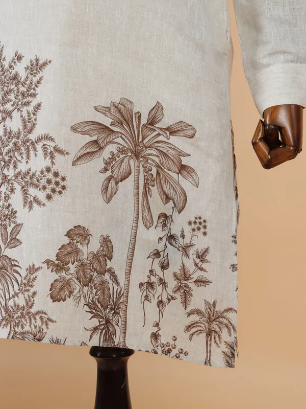 Classic printed beige cotton kurta set for men