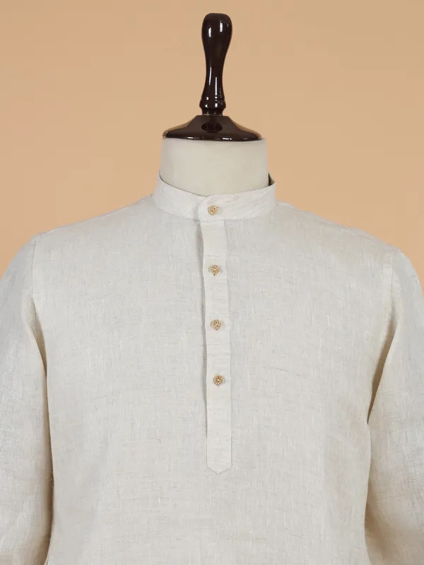 Classic printed beige cotton kurta set for men