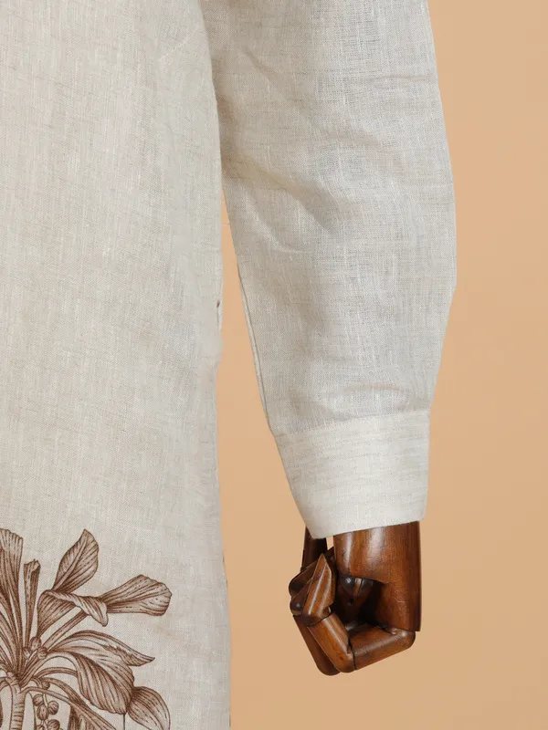 Classic printed beige cotton kurta set for men