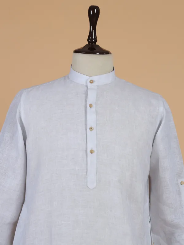 Classic printed light grey cotton kurta set for men