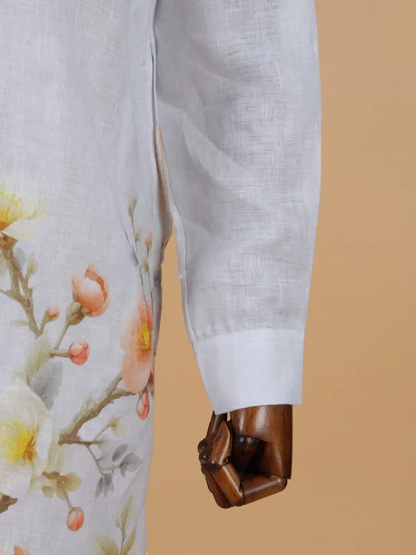 Classic printed light grey cotton kurta set for men
