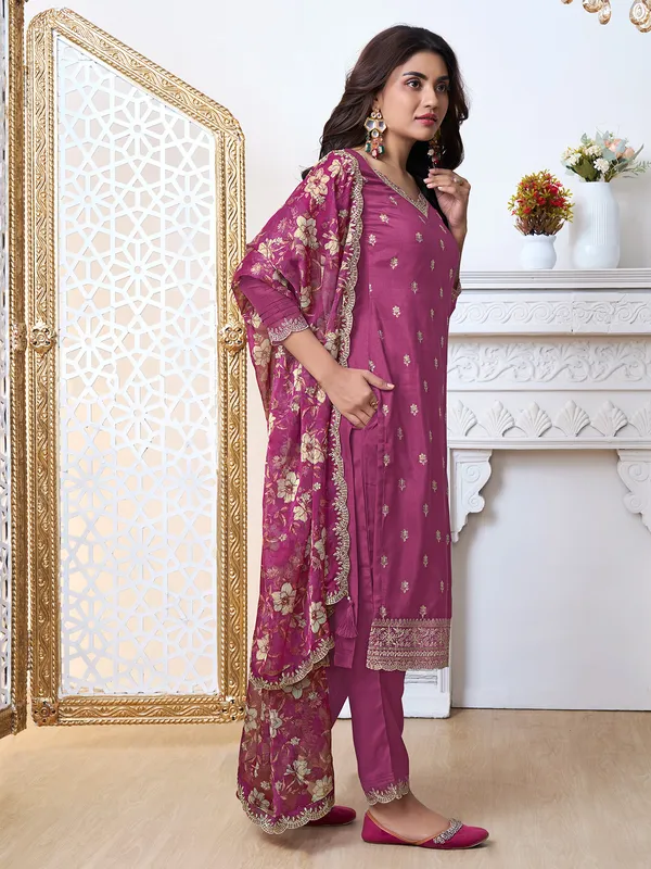 Classic purple silk salwar suit with printed dupatta