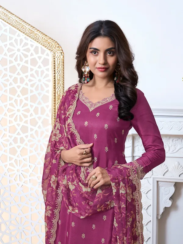 Classic purple silk salwar suit with printed dupatta
