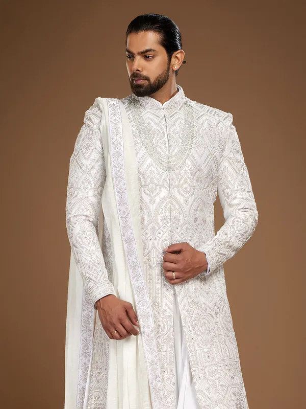 Classic raw silk white sherwani