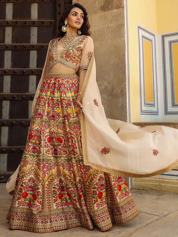 Classic silk beige printed lehenga choli