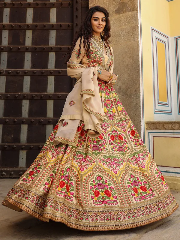 Classic silk beige printed lehenga choli