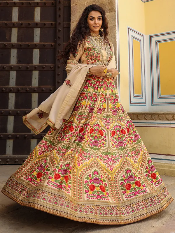 Classic silk beige printed lehenga choli