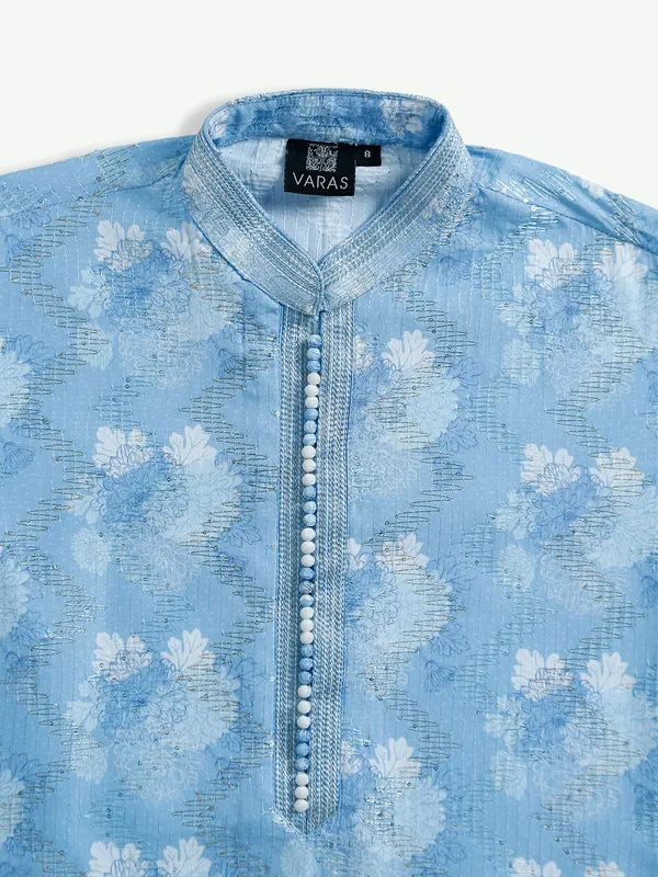 Classic silk sky blue printed kurta suit