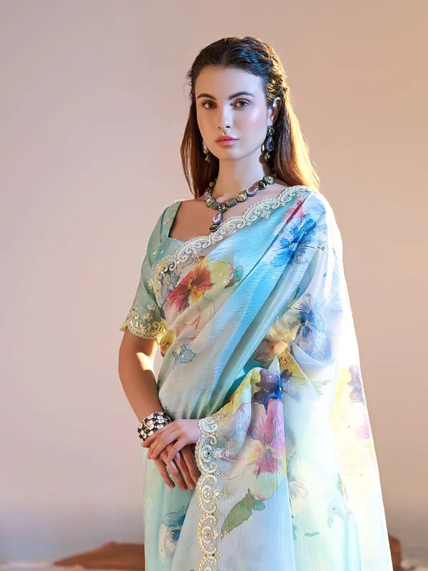 Classic sky blue crepe printed saree