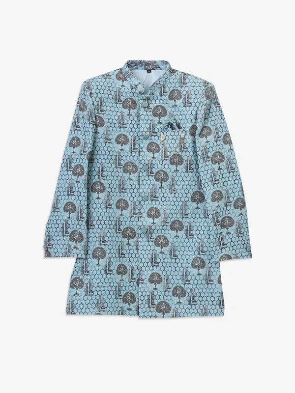 Classic sky blue printed silk indowestern